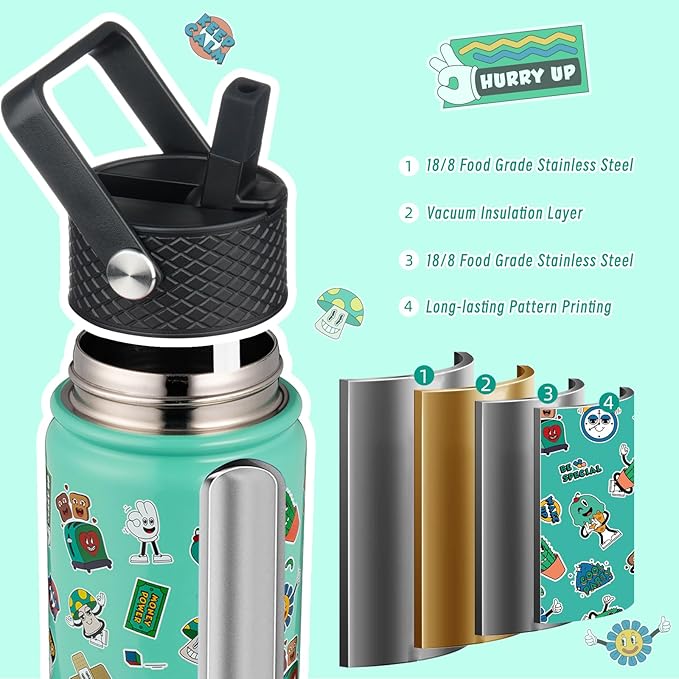 BJPKPK Insulated Water Bottle with Straw Lid, 18 oz Stainless Steel Metal Water Bottles, Reusable Leak Proof BPA Free Water Bottles, Cups, Thermo, Spring Party-Green - Bloomnest