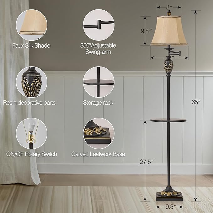 Traditional LED Floor Lamp with 350° Adjustable Swing Arm Lamp – Vintage Standing Pole lamp for Living Room, Bedroom and Office – Rustic Upright Floor Light for Home Décor with Silk Fabric Shade - Bloomnest