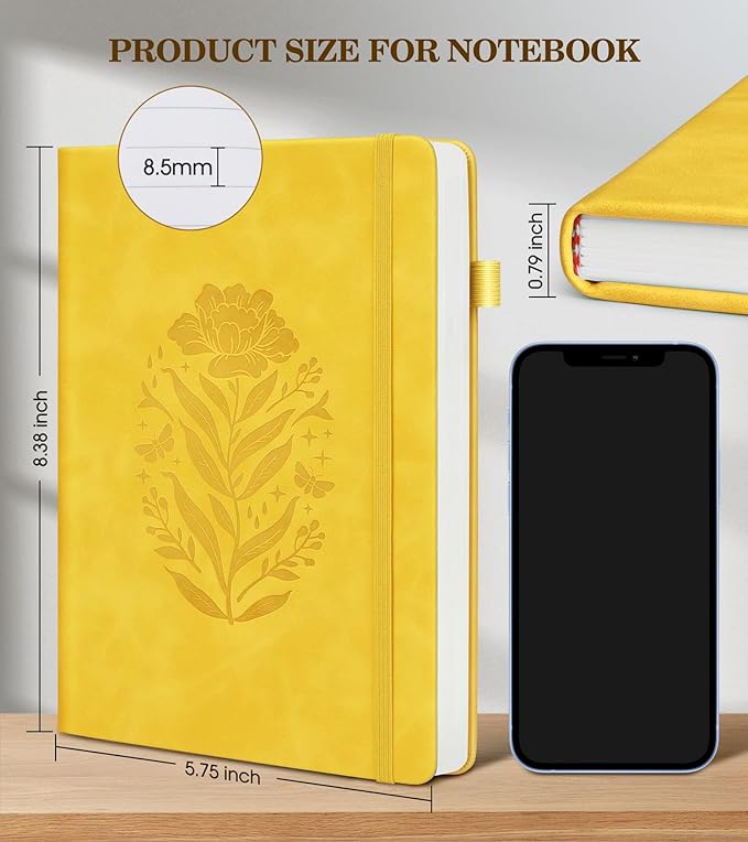 Lined Journal Notebook for Women, A5 Yellow Hardcover Leather Journals for Writing, 200 Pages Travel Daily Journal,Thick College Ruled Notebook for Work School, Note Taking, Business 5.75'' X 8.38'' - Bloomnest