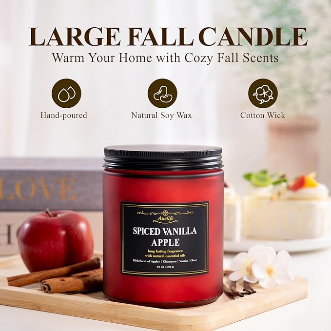 Auelife Spiced Vanilla Apple Scented Candle – 22oz Large 3-Wick Soy Candle, Cozy Fall & Autumn Candles for Home, Holiday Gift for Women & Men - Bloomnest