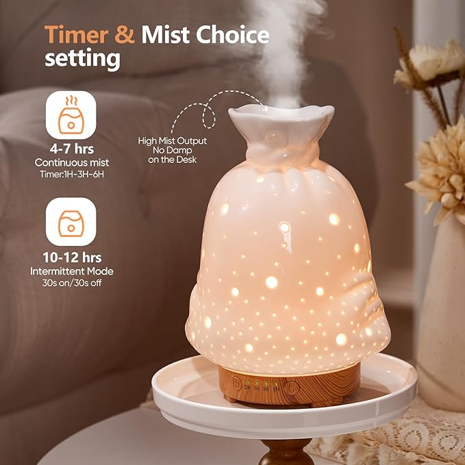 160ML Ceramic Diffuser for Essential Oils Lucky Bag Aromatherapy Diffuser Ultrasonic Cool Mist Humidifier with Intermittent Mist Modes Waterless Auto Off for Room Office - Bloomnest