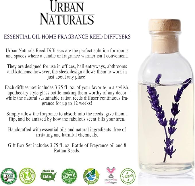 Urban Naturals Lavender Fields Oil Essential Oil Reed Diffuser Set with Real Lavender Stems! French Blossoms, Geranium & Clary Sage | #1 Gift Idea for Aromatherapy & Stress Relief | Vegan | USA Made - Bloomnest