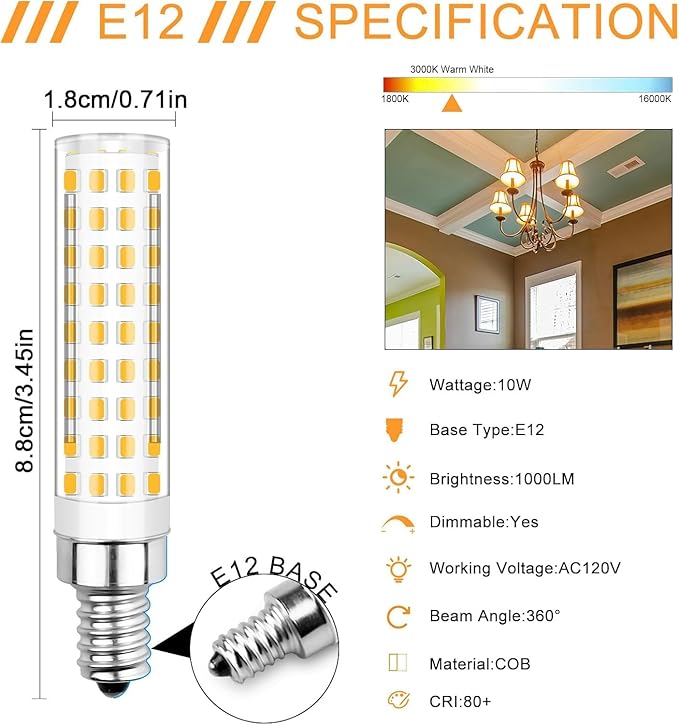 E12 Dimmable 100w Led Corn Light Bulb,3000K Warm White,AC120V 10W 1100 Lumen T4 LED Chandelier Light Bulbs for Ceiling Fan Pendant Lighting Salt Lamp,2 Pack - Bloomnest