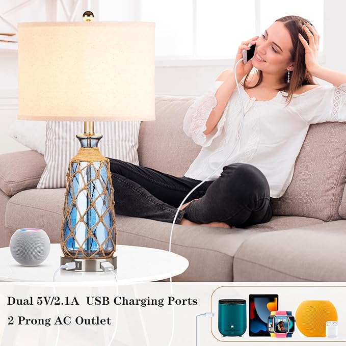 25.5" Coastal Glass Table Lamps Set of 2, 3-Way Dimmable Touch Control Bedside Lamps with 2 USB Ports and AC Outlet, Blue Nautical Nightstand Lamps for Bedroom Living Room (LED Bulbs Included) - Bloomnest