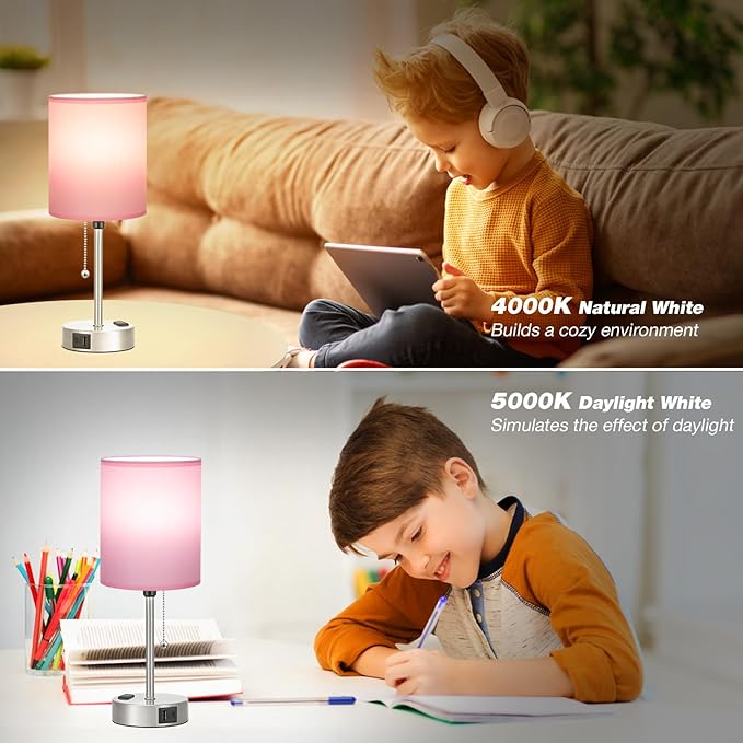 Pink Bedroom Lamp for Bedside - 3 Color Temperatures Desk Lamp with USB C and A Ports, Pull Chain Table Lamp with AC Outlet, Nightstand Lamp with Silver Metal Base for Kids Girls - Bloomnest