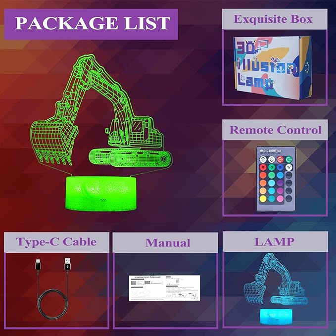 Excavator 3D Illusion Lamp for Kids, Excavator Night Light, Construction Vehicle Gifts with RGB 16 Colors Changing, Remote Control, Dimmable, Kids Room Decoration, Xmas Gifts - Bloomnest