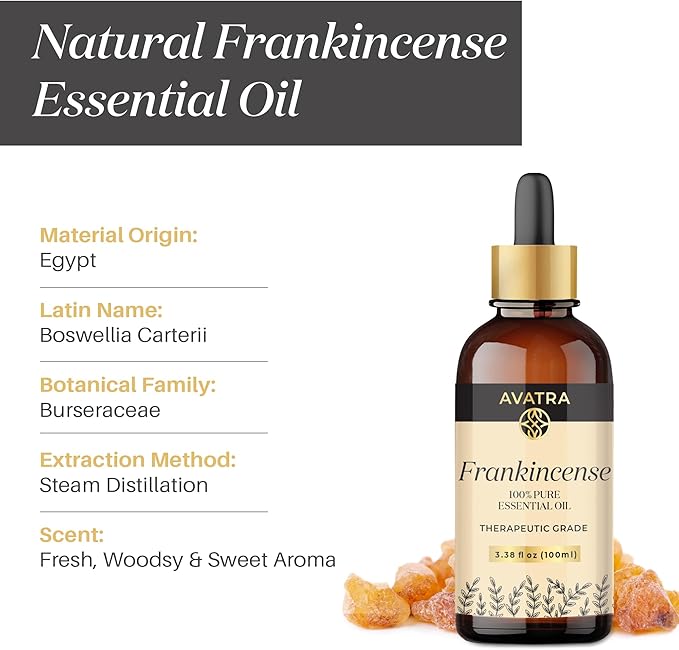 Avatra Frankincense Essential Oil 100ML (3.38 OZ) with Glass Dropper and Travel Bottle, Pure and Natural Therapeutic Grade Frankincense Oil for Diffuser, Aromatherapy, Massage, and DIY Candle Products - Bloomnest