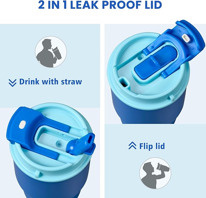 13.5oz Kids Insulated Tumbler with Lid and Straw, BPA-Free Stainless Steel Kids Water Bottle, Leak-Proof& Cupholder Friendly Tumbler for Boys & Girls -2 Pack(Blue+Black) - Bloomnest