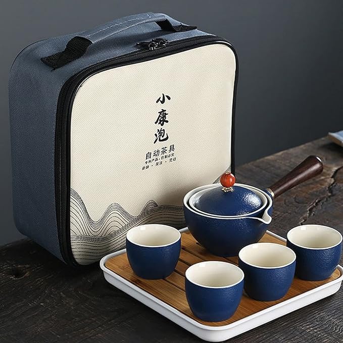 Ceramic Portable Travel Tea Set, Chinese Kungfu Tea Set with 360 Rotation Teapot and Infuser, 4 Tea Cups, Tea Tray And Travel Bag (Blue)