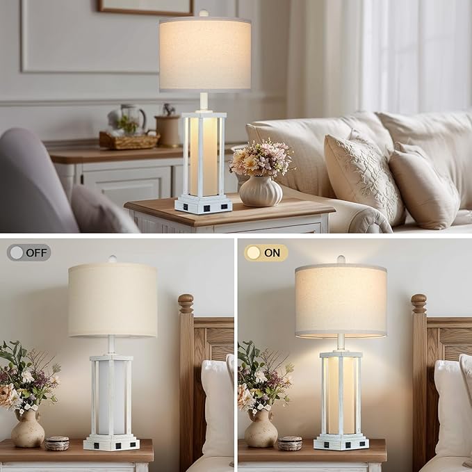 27" Tall Vintage Table Lamp Set of 2 with USB C+A & Outlet,Nightstand Lamp for Living Room,Bedside Lamps with Frosted Glass Night Light for Bedroom Entryway,White - Bloomnest