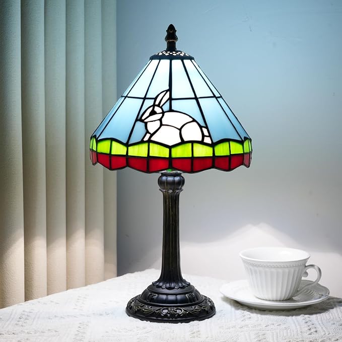 Tiffany lamp 8 inch small stained glass lamp fairy tale white rabbit bedside lamp suitable for bedroom dormitory dining room living room Tiffany style retro home decoration handmade children's gift - Bloomnest