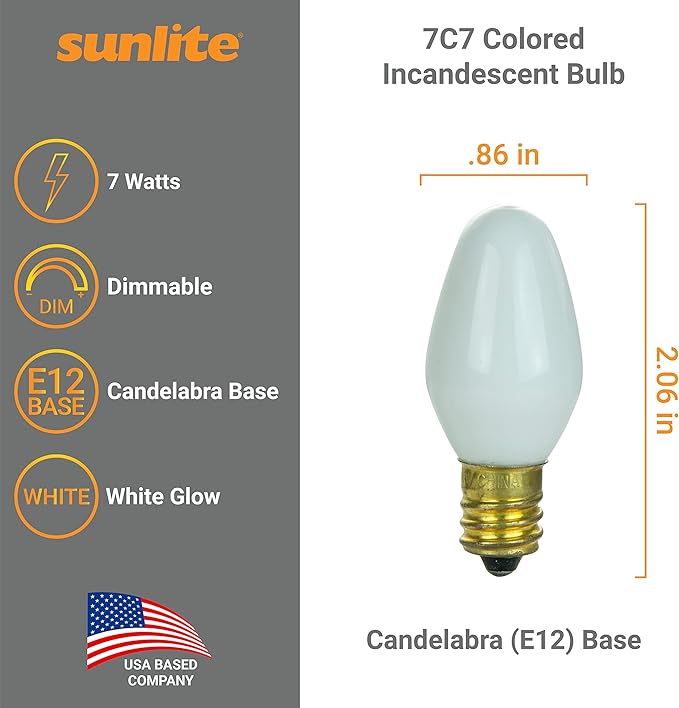 Sunlite 01059 7C7 Incandescent Bulb, 7 Watt, Candelabra E12 Base, C7 Small Night Light, Colored Bulb, White, 12 Count - Bloomnest