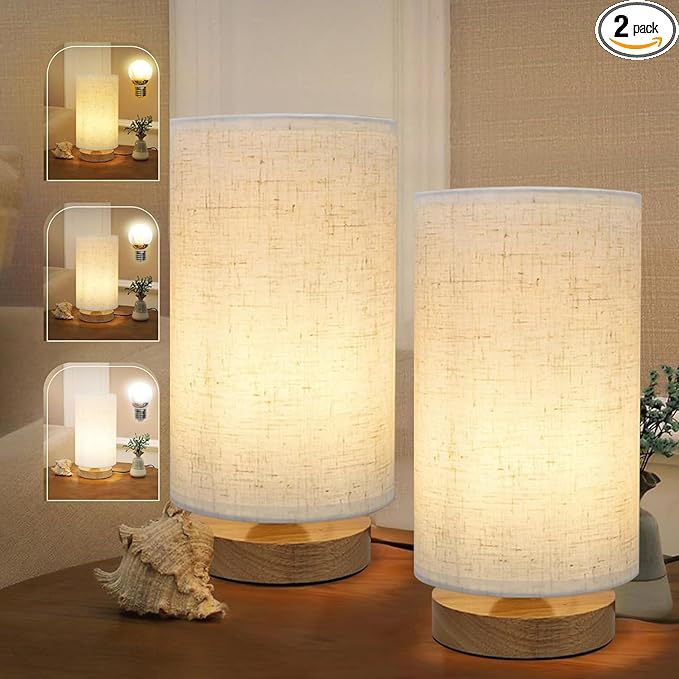 Minimalist Bedside Table Lamps for Bedrooms Set of 2, 3 Color Temperature Bedside Lamps with Round Fabric Linen Shade,Small Desk Lamp Night Nightstand Lamp Set for Living Room, Reading,Office - Bloomnest