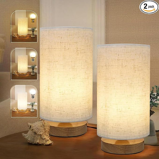 Minimalist Bedside Table Lamps for Bedrooms Set of 2, 3 Color Temperature Bedside Lamps with Round Fabric Linen Shade,Small Desk Lamp Night Nightstand Lamp Set for Living Room, Reading,Office - Bloomnest