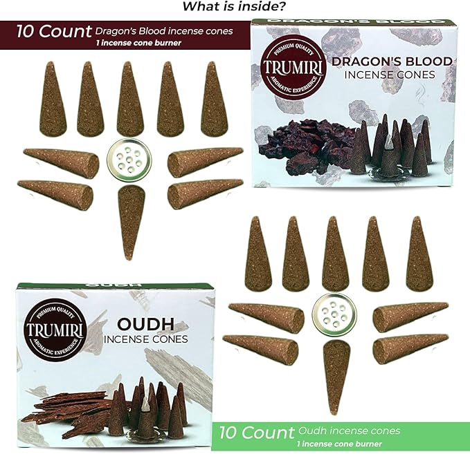 TRUMIRI Incense Cones - Combo Pack of 20 Cone Incense - 10 Dragons Blood + 10 Oud - Insence Cones - Incense Cones Scented - Cone Incense Scents - Insense Cones - Incent Cone TRUMIRI