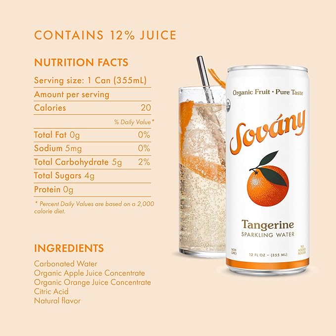 Sovány Sparkling Water, Tangerine, Seltzer Water Drinks, USDA Organic, Made With Real Fruit, Non-GMO, Vegan, No Added Sugar, Low Calorie, 12 fl oz, 12 Pack - Bloomnest