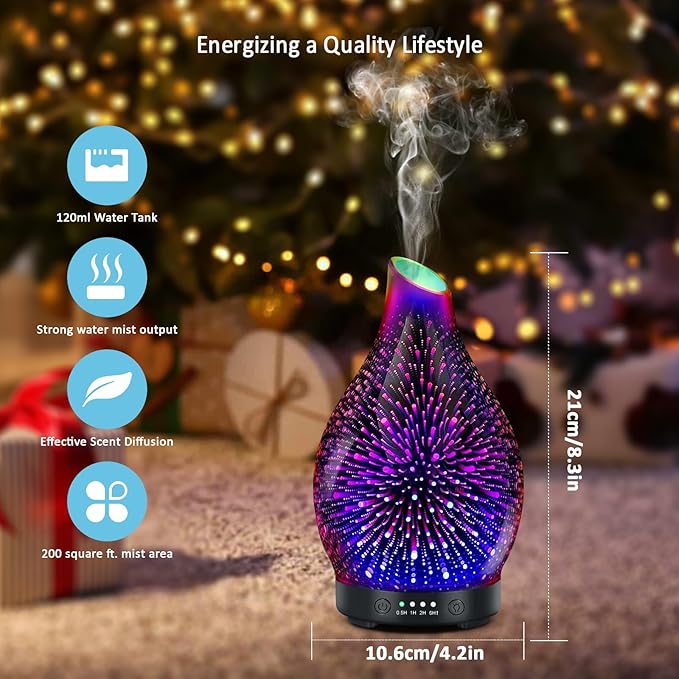Essential Oil Diffuser 120ML -3D Firework Glass Aromatherapy Diffusers for Essential Oils with 4 Timer Setting Auto Shut-Off Silent Operation 7 Colors Lights Changing for Room, Office, Yoga - Bloomnest