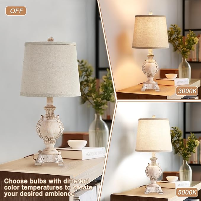 21'' Small Table Lamps Set of 2 Farmhouse Bedside Lamps for Bedroom Nightstand Vintage Carved Floral Side Table Lamps for Living Room Kids Home Office, Wooden Finish, Bulb Not Include - Bloomnest