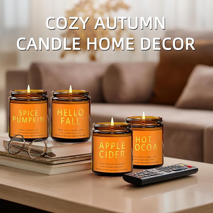 Fall Candles Set | 4 Pack Candles for Home Scented Natural Soy Wax, Autumn Gifts Set for Women Men, Fall Fragrance of Hellofall, Spice Pumpkin, Apple Cider, Hot Cocoa - Bloomnest
