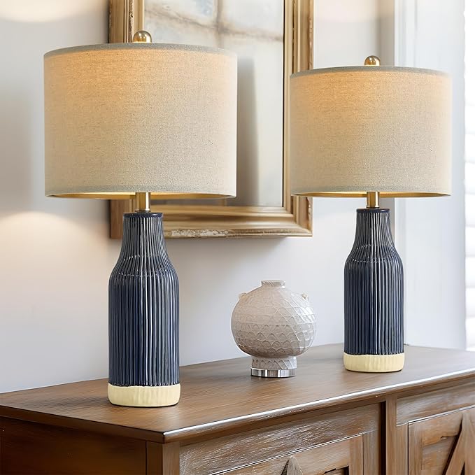 23.75" Modern Blue Ceramic Table Lamp Set of 2 for Living Room, Farmhouse Bedside Nightstand Lamp for Bedroom Home Office Dorm - Bloomnest