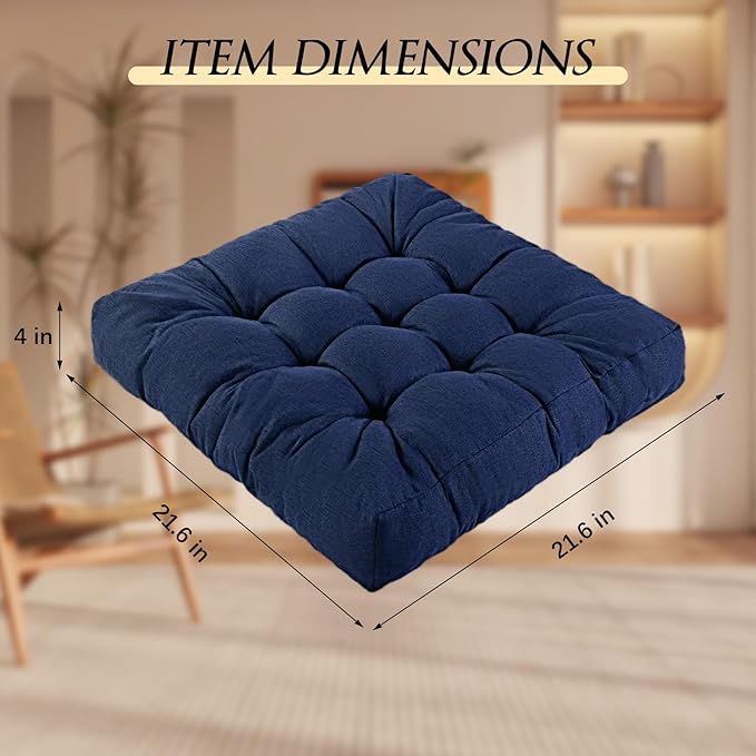 Meditation Floor Cushions, Thickened Floor Pillow for Adults, Large Square Pillows Seat Cushion for Tatami Living Room Yoga, Memory Sponge Block Added, 22x22 Inch, Drak Blue