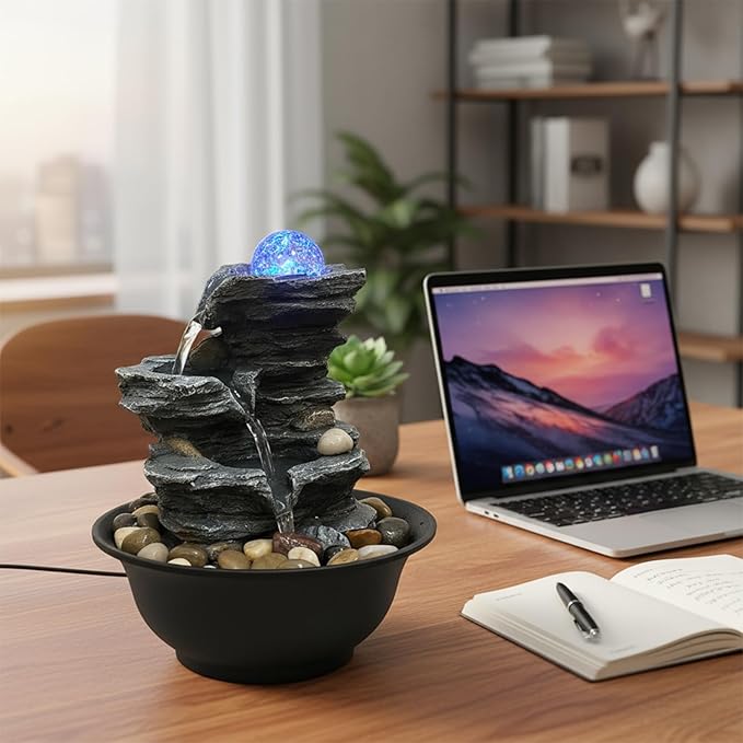 Indoor Tabletop Water Fountain, Resin Meditation Fountain with Color LED Light, Indoor Waterfall Feature for Home Office Decor (C) - Bloomnest
