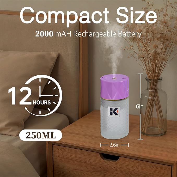 Ikeda Essential Oil Diffuser with Negative Ions, 250ml Glass Aromatherapy Diffuser with 10mL Lavender Essential Oil,3 Modes & 2000 mAH Battery Operated Car Diffuser with Night Light for Home,Purple