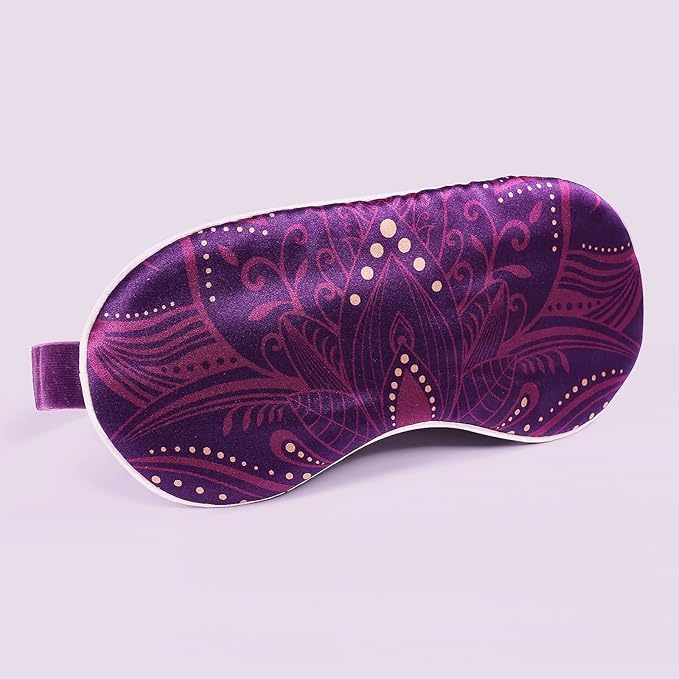 22mm Mulberry Silk Beauty Sleep Mask with Velvet Band & Travel Pouch, Light Blocking, Hair & Skin Friendly, Purple Lotus Totem Print, Gift Packaging - Bloomnest
