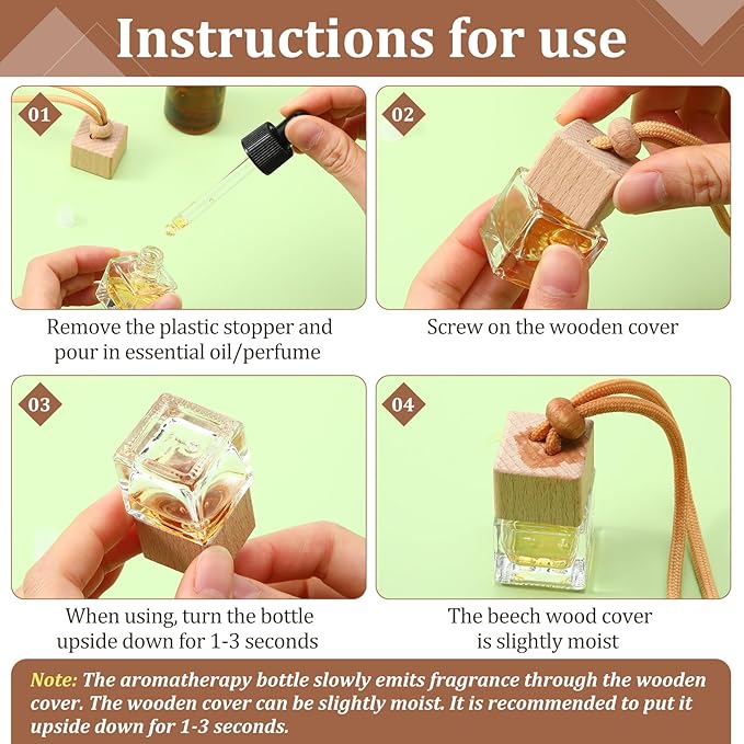 Rtteri 100 Pcs Hanging Car Air Freshener Diffuser Bottles Empty Glass Perfume Diffuser Vials Refillable Oil Aromatherapy Pendant with Wooden Caps and Hanging String for Car Home Office Decor(Square) - Bloomnest