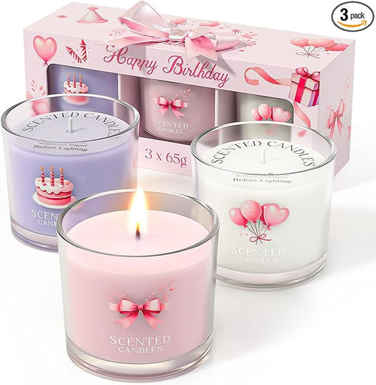 Birthday Candles, Scented Candles Gift Set for Stress Relief, 3 Votive Candles for Women and Men, Birthday Candle Gifts for Women (Pink + Purple + White, 7 oz) - Bloomnest