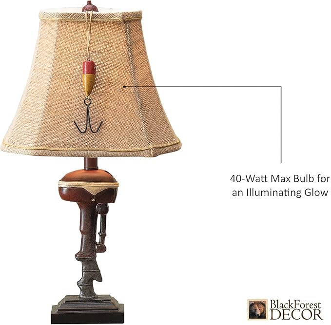 BLACK FOREST DECOR Outboard Accent Table Lamp – Rustic Boat Motor Fishing Lamp with Linen Shade – 11" W x 8.2" D x 20" H - Bloomnest