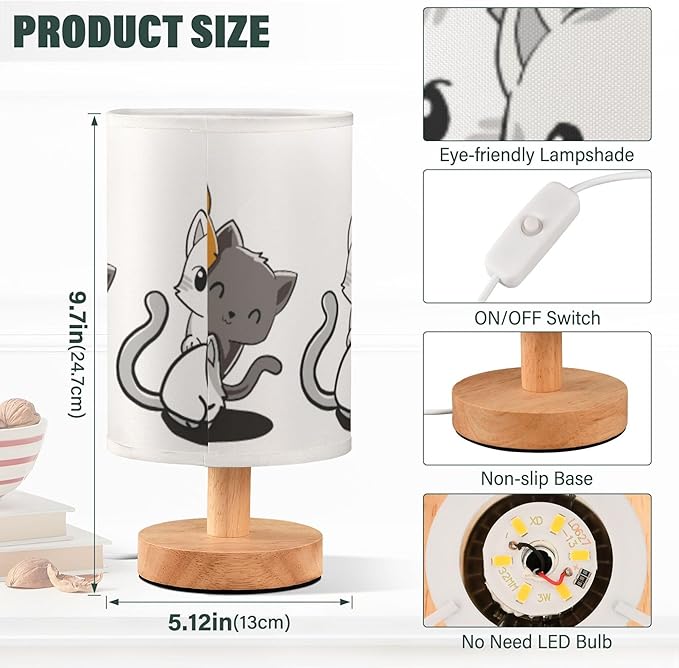 Table Lamp Cute Cartoon Cat Kitten Kitty Nightstand Lamp with Wood Base Fabric Lamp Shade Bedside Desk Lamp for Living Room Bedroom Kids Room Office - Bloomnest