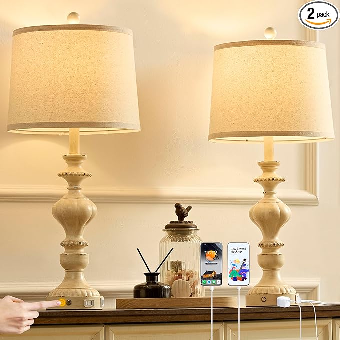 27.5" Farmhouse Table Lamps Set of 2 Bedside Nightstand Lamp with USB C+A Ports & AC Outlet, 3 Way Dimmable Touch Lamps for Bedroom Living Room Office Hallway Rustic Traditional Lamp - Bloomnest