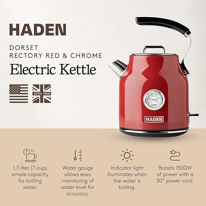 Haden Dorset 1.7 Liter Stainless Steel Electric Kettle, Hot Water Kettle with 360-Degree Base and Auto Shutoff, Rectory Red - Bloomnest