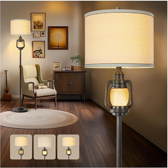 Floor Lamp for Living Room Vintage Standing Lamp with Linen Fabric Hardback Shade Industrial Tall Lamp With Night Light Decor for Living Room, Bedroom,Study, Home Office (Bulb Included) - Bloomnest