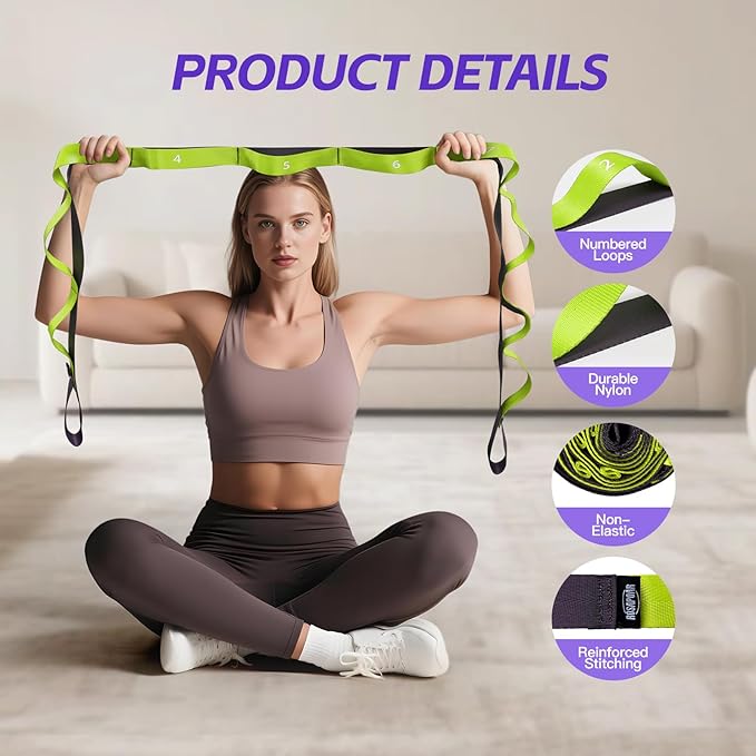 ROSAPOAR Stretching Strap with Loops - Non Elastic Yoga Straps for Physical Therapy, Durable Stretch Bands for Exercise, Flexibility Training, Hamstring & Leg Stretcher, Yoga/Pilates/Gymnastics - Bloomnest