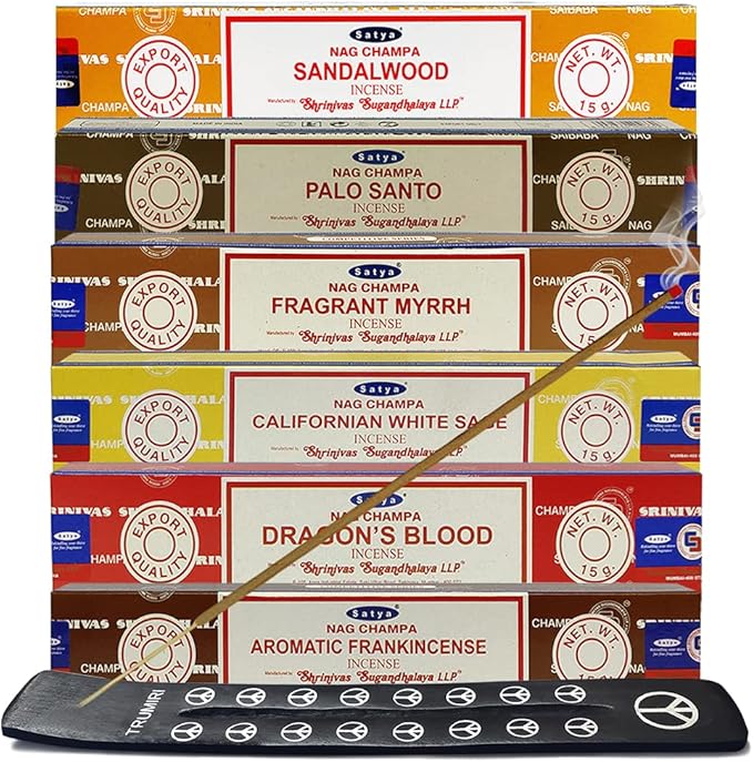 Satya Incense Sticks Variety Pack #10 and Holder Bundle with 6 Classic Fragrances Sandalwood Dragon's Blood Palo Santo White Sage TRUMIRI