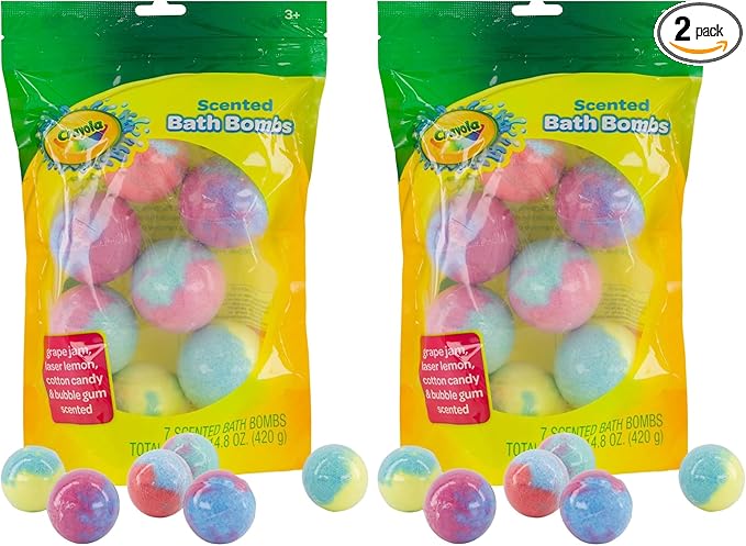 Crayola Colorful Scented Bath Bombs for Kids, Color You Bath Non-Toxic Bathbomb Fizzies for Boys Girls Holiday Stocking Stuffer, Grape Jam, Laser Lemon, Cotton Candy, & Bubble Gum Scents (Pack of 2) - Bloomnest