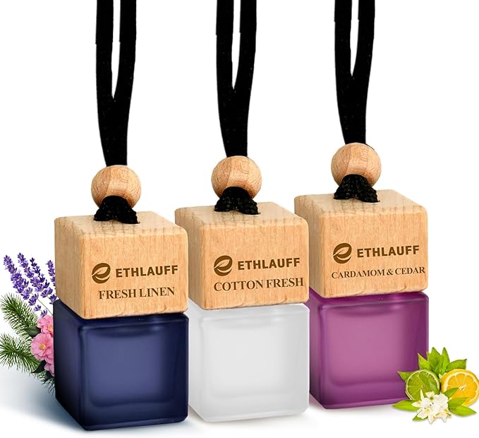 Car Air Freshener Hanging, 3 Pcs Cotton Fresh, Fresh Linen, Cardamom & Cedar, Car Scent Air Fresheners Diffuser for Car, 45+ days Long Lasting Fragrance, 0.27 FL OZ/8ML - Bloomnest