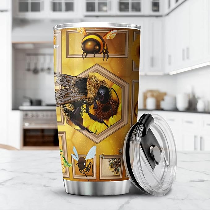 Bee Tumbler With Lid 20oz Stainless Steel Travel Cups Insect Animal Print Christmas Birthday Present For Girls Yellow Bee Themed Items Insulated Double Walled Coffee Mugs - Bloomnest