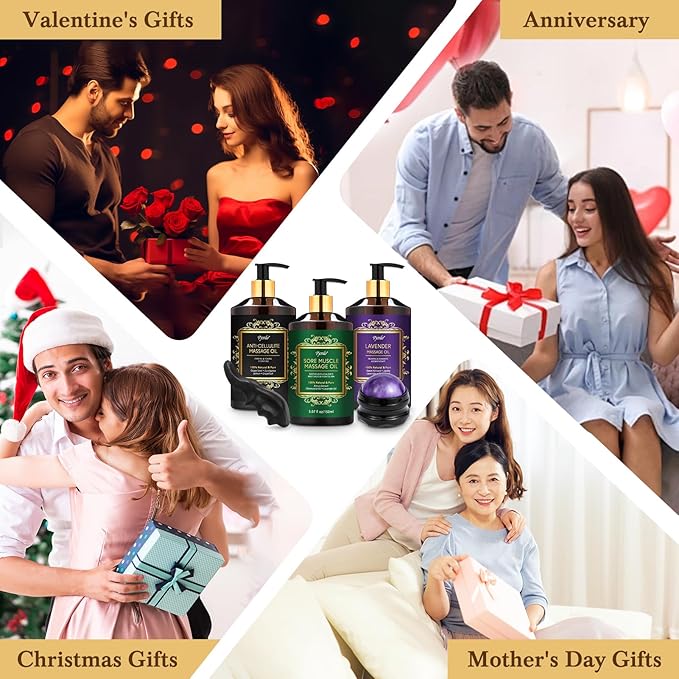 3 Pack Massage Oil for Massage Therapy, Lavender Oil for Relaxation, Sore Muscle Arnica Oil & Cellulite Massage Oil, with Massage Roller Ball & Thumb Saver Massage Tool, Massage Kit for Him Her - Bloomnest