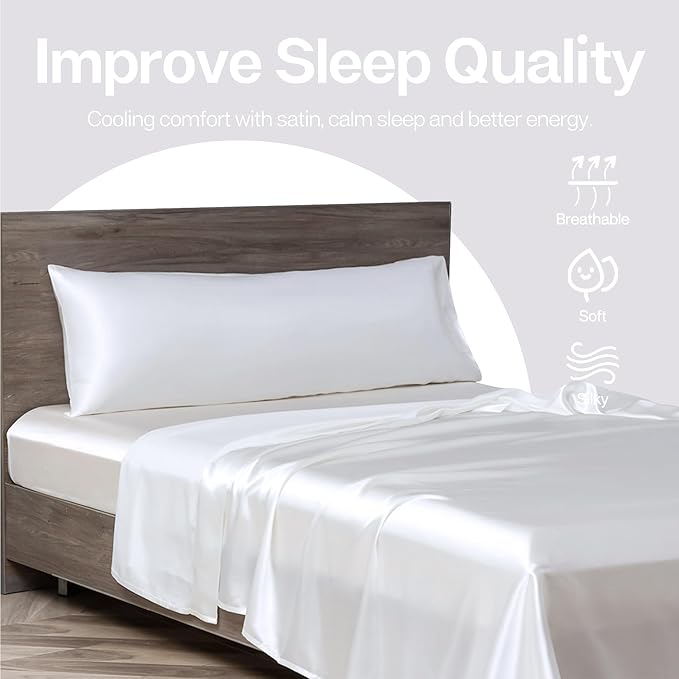 MR&HM Satin Body Pillow Cover, Soft and Breathable Body Pillow Case with Envelope Closure, Cooling and Silky Long Pillowcase for Hair and Skin,Grey (20x54, White) - Bloomnest
