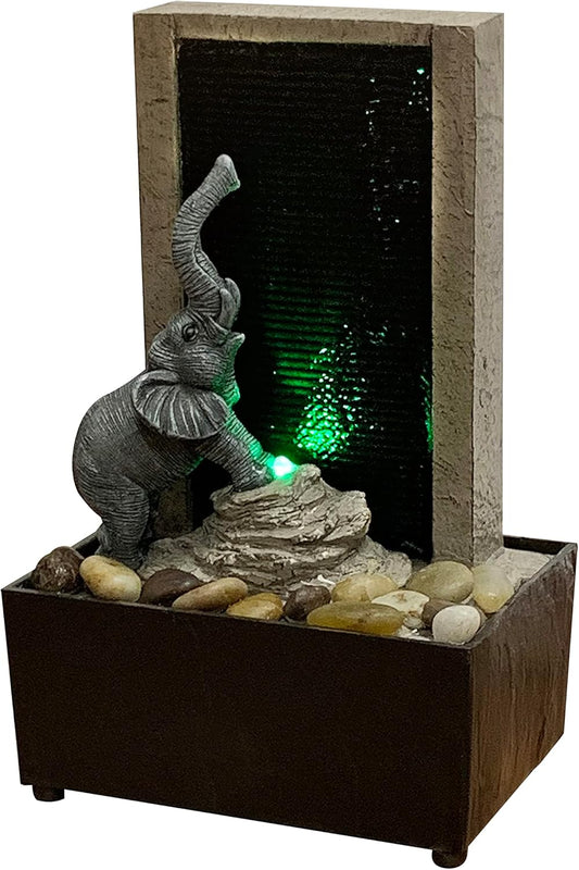 Nature's Mark 9" H Elephant Tabletop Water Fountain with Natural River Rocks and LED Lights (Power Cord Attached)