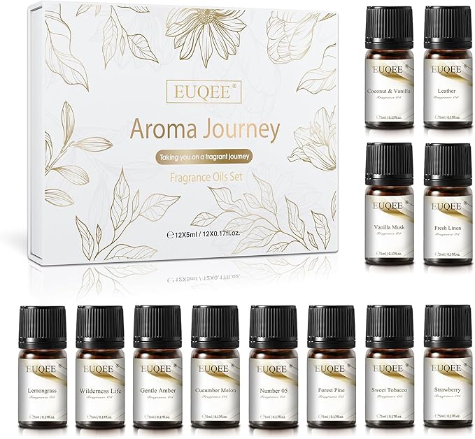 EUQEE 12pcs Fragrance Oils Gift Set, Premium Essential Oils Set for Diffuser, Candle, Soap Making, Travel, with Amber, Coconut&Vanilla, Fresh Linen, Leather, Forest Pine, Gift Set for Women and Men EUQEE