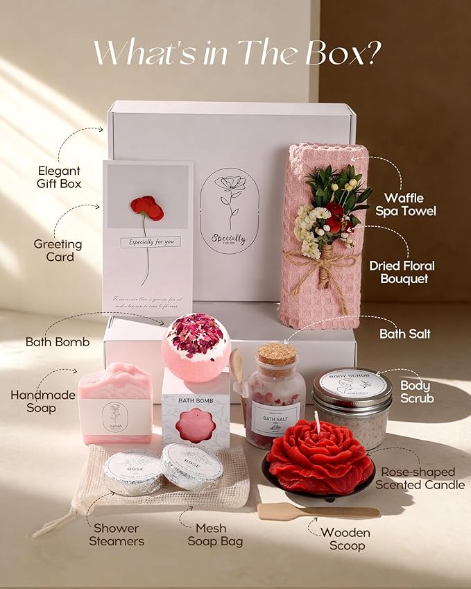 Coralogo Rose Spa Gifts for Women - 12pc Self-care Spa Gift Basket with Scented Candle, Bath Salt, Greeting Card - Thinking of You Basket for Her Birthday, Christmas, Mother's Day, Valentine's Day - Bloomnest