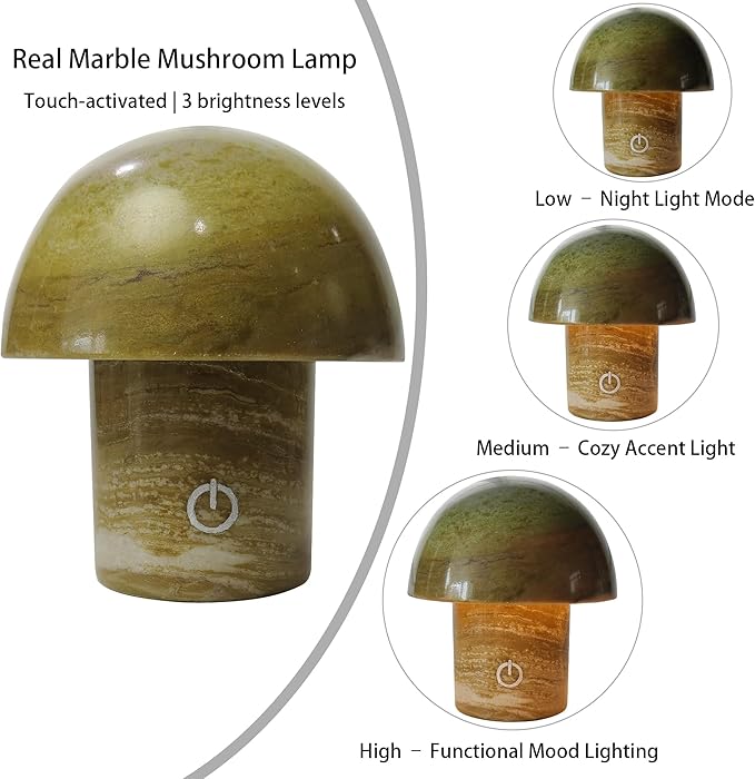 Natural Stone Mushroom Lamp - Jade Gemstone Night Light with LED, Touch Control 3 Brightness, USB Rechargeable Bedside Table Decor Gift - Bloomnest
