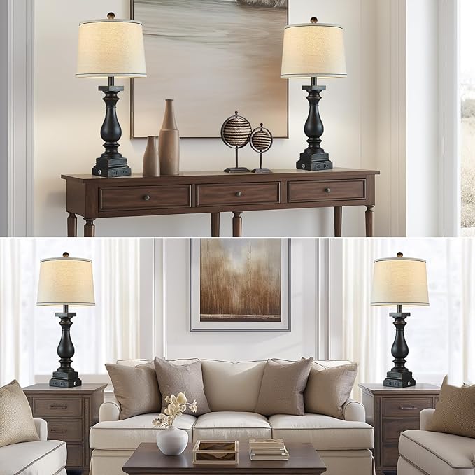 28" Tall Farmhouse Table Lamps Set of 2 with USB C+A Ports and AC Outlet, 3 Way Touch Control Rustic Bedside Lamp for Bedroom, Black Vintage Nightstand Lamp for Living Room Office - Bloomnest