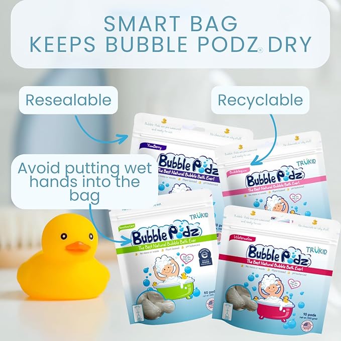 TruKid Bubble Podz Bubble Bath for Kids, Toddlers, & Babies, Tear Free Gentle & Refreshing Bath Bomb for Sensitive Skin with Natural Moisturizers, Non-Toxic, pH Balanced, Vanilla Scent (60 Podz) - Bloomnest