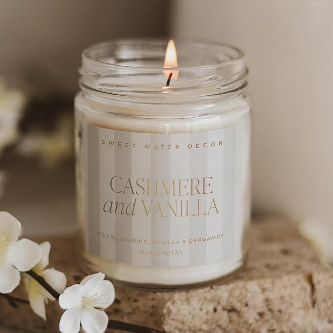 Sweet Water Decor Cashmere and Vanilla Patterned Candle – Soy Candles with Coconut, Bourbon Vanilla, Cashmere, Sandalwood, Musk – 40 Hour Burn – 9oz Clear Glass Jar – Luxury Spring Candle - Bloomnest