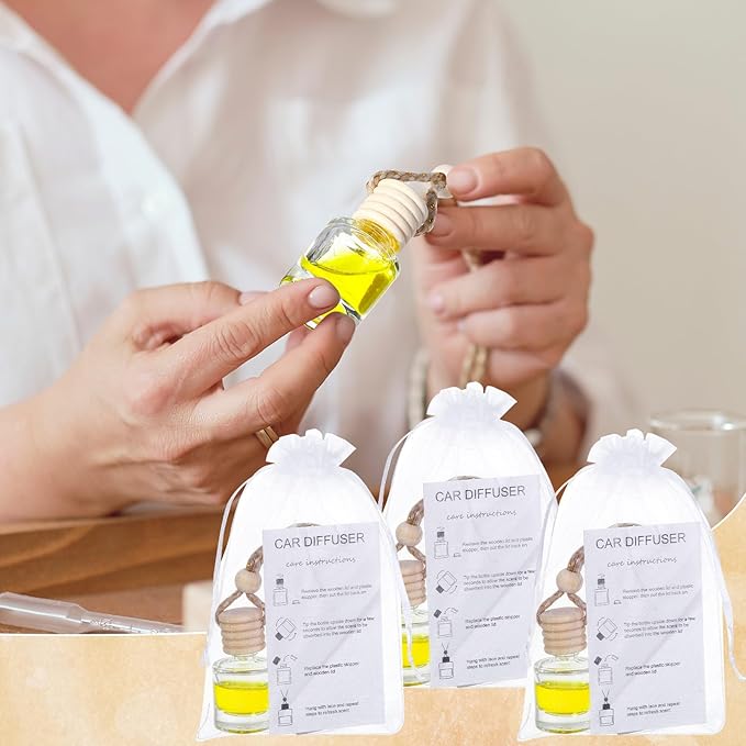 Boao 100 Sets Hanging Car Air Freshener Diffuser Bottles Empty Bulk with Car Diffuser Instruction Cards Organza Bags Glass Refillable Essential Oil Fragrance Aromatherapy Pendant (Cylindrical,Clear) - Bloomnest
